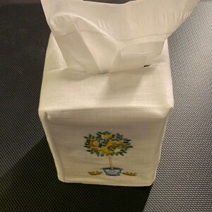 Embroidered Tissue Box Cover - White with Green and Yellow Accents